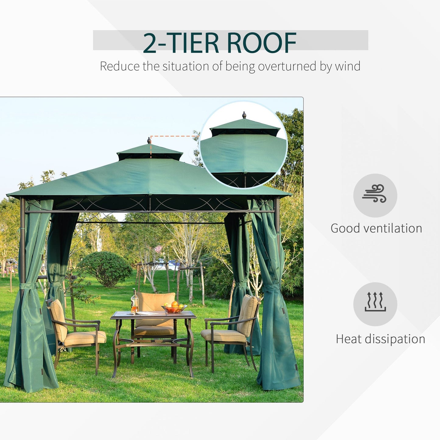 3m x3m Gazebo W/Metal Frame & Side Walls-Dark Green