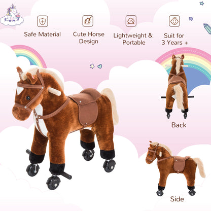 Wooden Action Pony Wheeled Walking Horse Riding Little Baby Plush Toy Wooden Style Ride on Animal Kids Gift w/Sound Brown