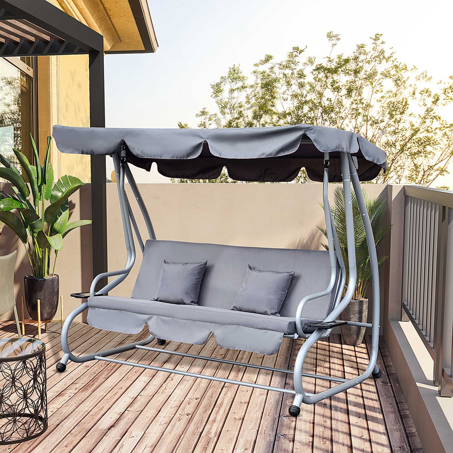 2-in-1 Garden Swing Seat Bed 3 Seater Swing Chair Hammock Bench Bed with Tilting Canopy and 2 Cushions