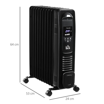 2720W Digital Display Oil Filled Radiator 11Fin Portable Electric Heater w/ Built-in Timer Three Heat settings Safety switch Remote Control - Black