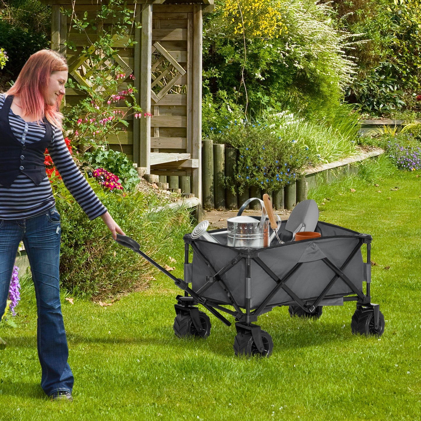 Folding Metal Frame Garden Trolley - Grey