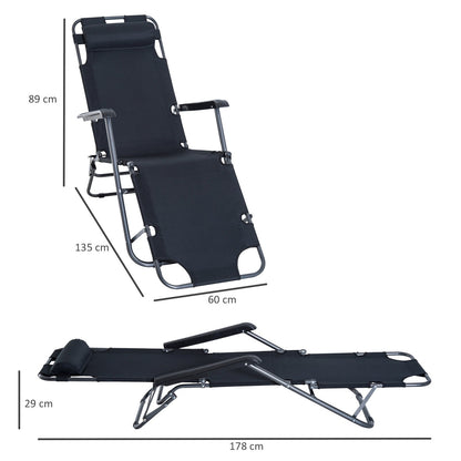 Metal Frame 2 In 1 Sun Lounger w/ Pillow Black