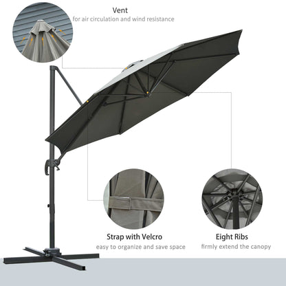 3M Offset Parasol Cantilever Hanging Umbrella 360° Rotation w/ Base Dark Grey