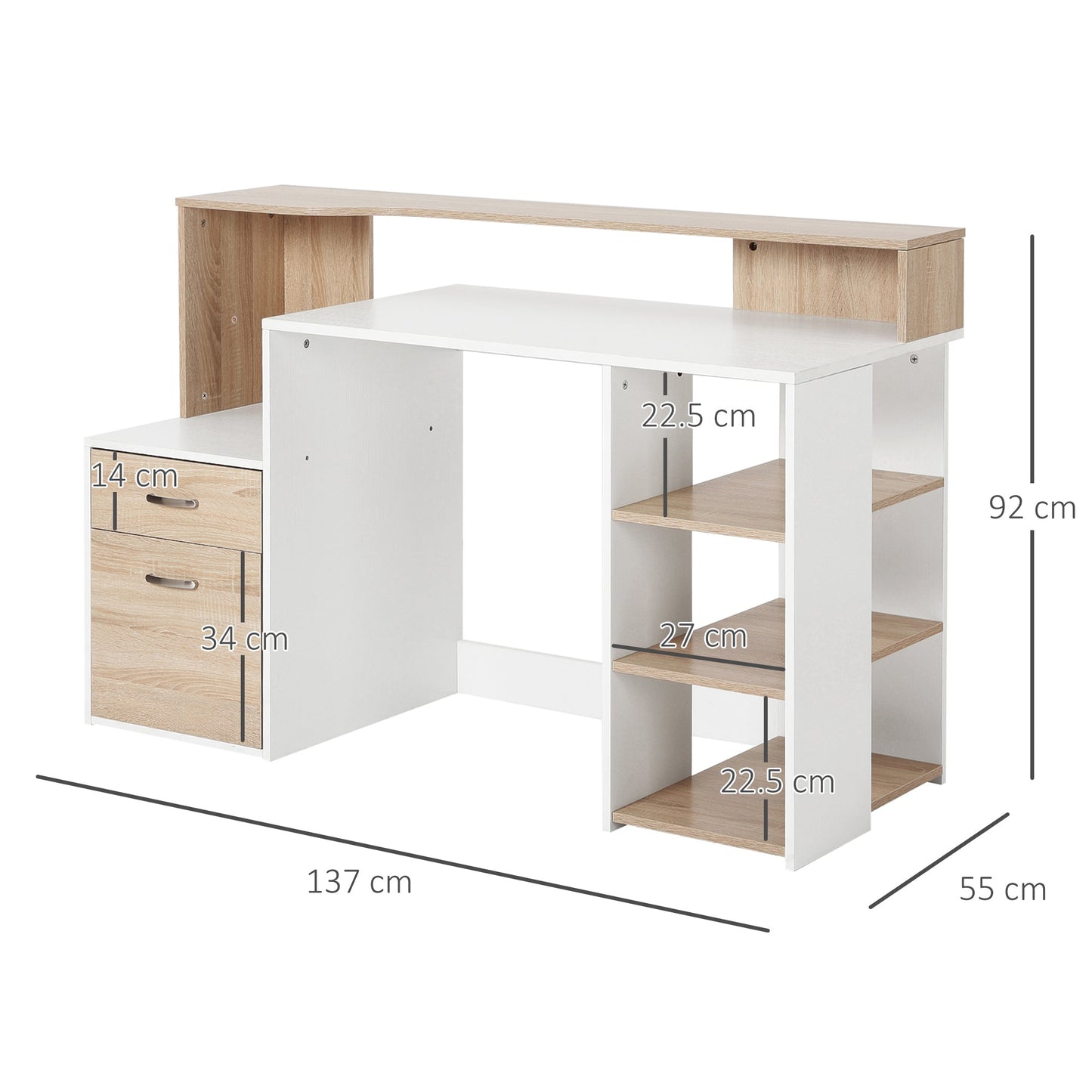 Computer Desk PC Table Modern Home Office Writing Workstation Furniture Printer Shelf Rack w/ Storage Drawer & Shelves Oak and white