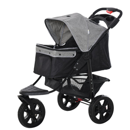 PawHut Folding 3 Wheel Pet Stroller Pushchair Travel w/ Adjustable Canopy Storage Brake Grey