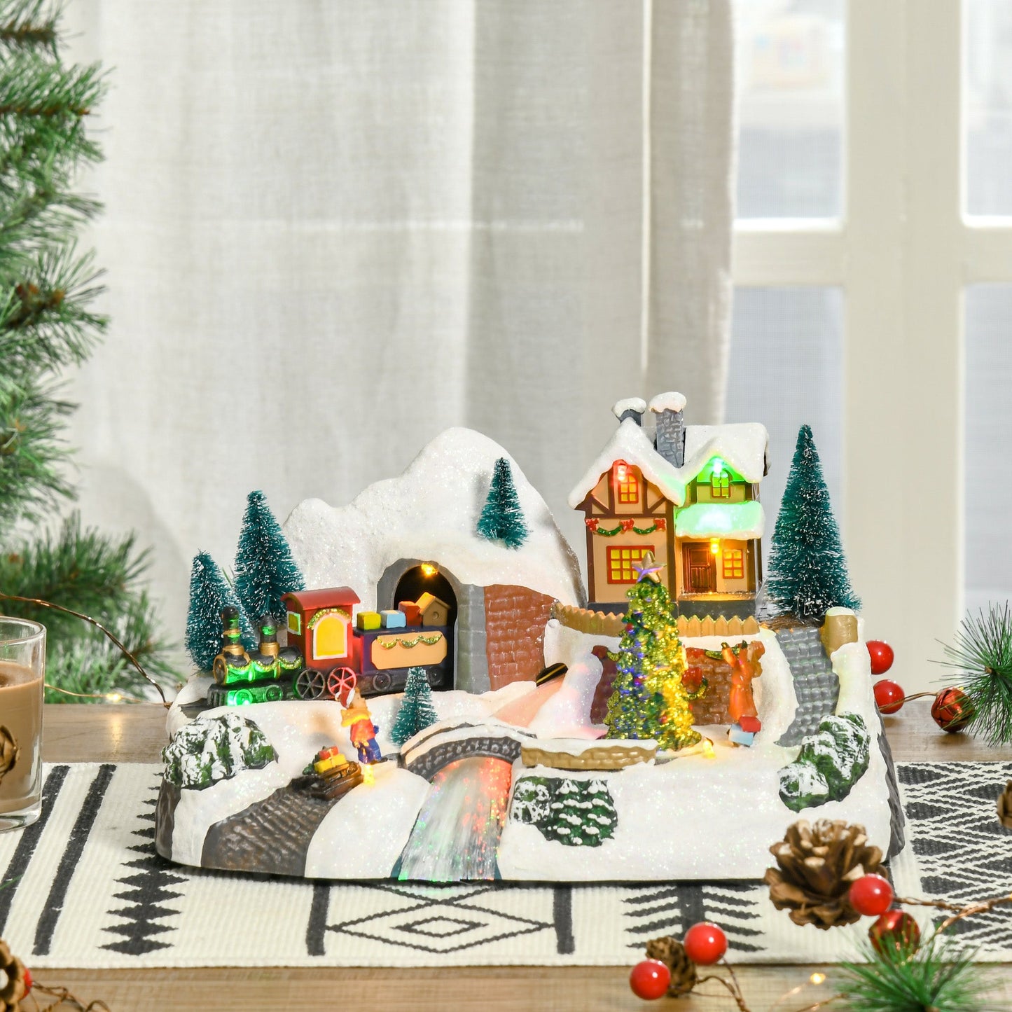 Prelit Christmas Musical Villages with Rotating Tree Animated Xmas Village with Sound Fibre Optic Transformer or Battery-Operated Festival Decoration for Tabletop