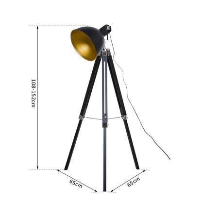 Industrial Floor Lamp for Living Room Tripod Spotlight Reading Lamp w/Wood Legs Metal Shade Adjustable Height Angle for Bedroom Home Office Black and Gold