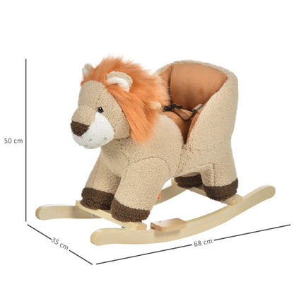 Kids Children Rocking Horse Plush Ride On Lion Seat w/ Sound Wood Base Seat Safety Belt Toddler Baby Toy Brown