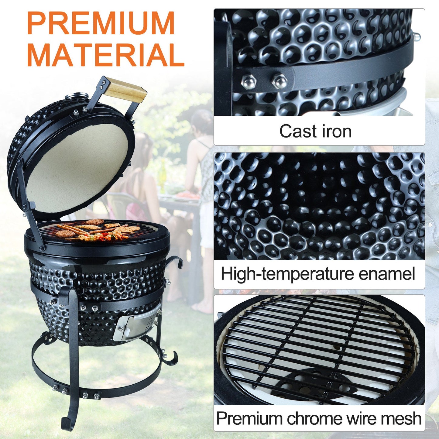 Cast Iron Ceramic Kamado Charcoal BBQ Oven Black