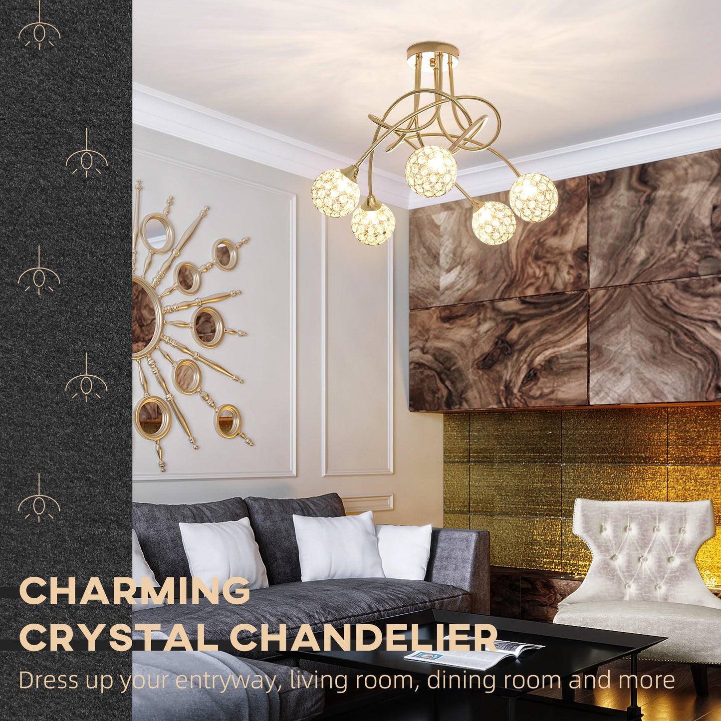 Crystal Chandelier Modern Pendant Light for Living Room with 5 Ball Lampshades 5 G9 Bulbs Required Gold Tone