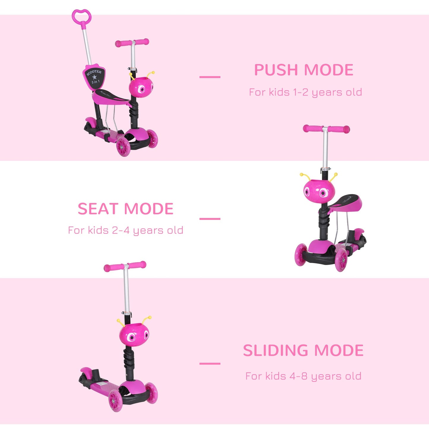 5-in-1 Kids Kick Scooter W/Removable Seat-Pink