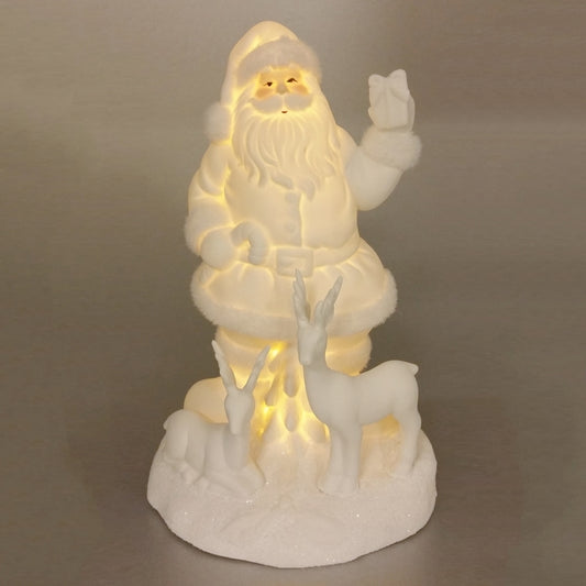 White Porcelain Santa And Reindeer - LED Christmas - 23cm