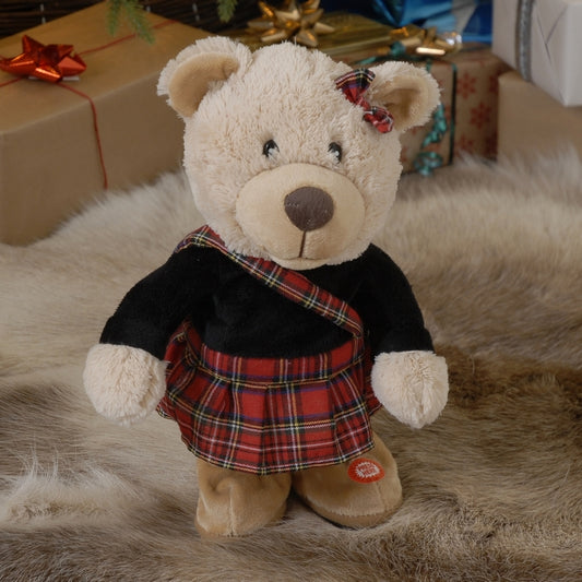 Animated Bear Christmas Decoration with Tartan Pattern - 33cm