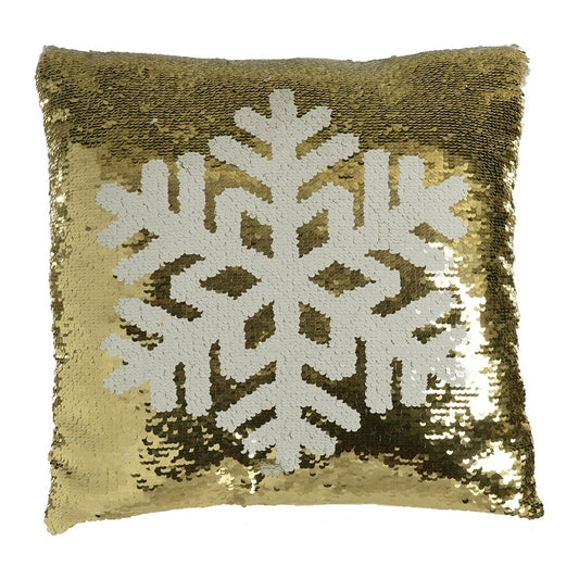 Snowflake Cushion Christmas Decoration Gold & White with Sequin Pattern - 40cm