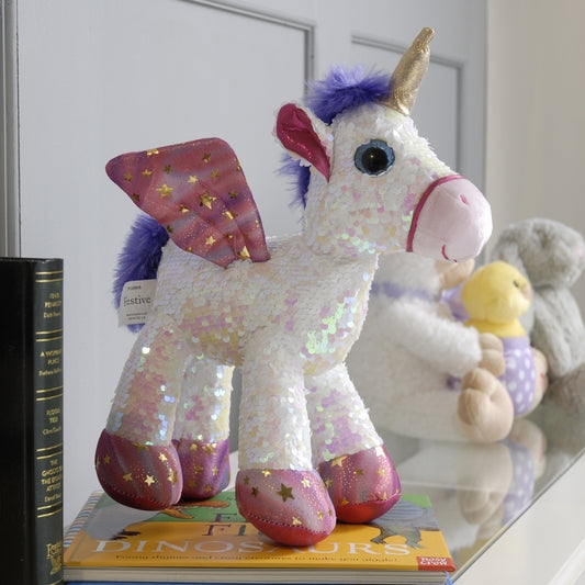 Unicorn Soft Toy Christmas Decoration White & Pink with Sequin Pattern - 35cm