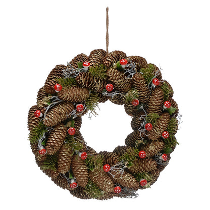 Pinecones & Berries Wreath Christmas Decoration Green & Red - 36cm