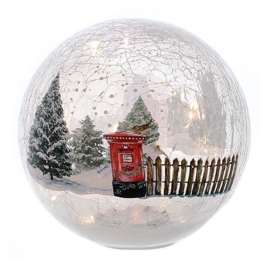 Post-Box Winter Scene Crackle Effect Ball Indoor Illuminated Decoration 20cm