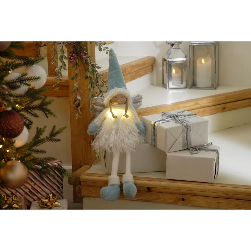 Fluffy Sitting Angel Indoor Illuminated Decoration White & Blue 56cm