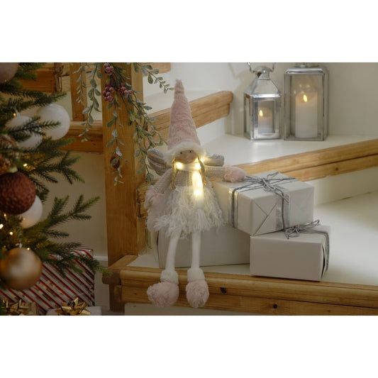 Fluffy Sitting Angel Indoor Illuminated Decoration White & Pink 56cm