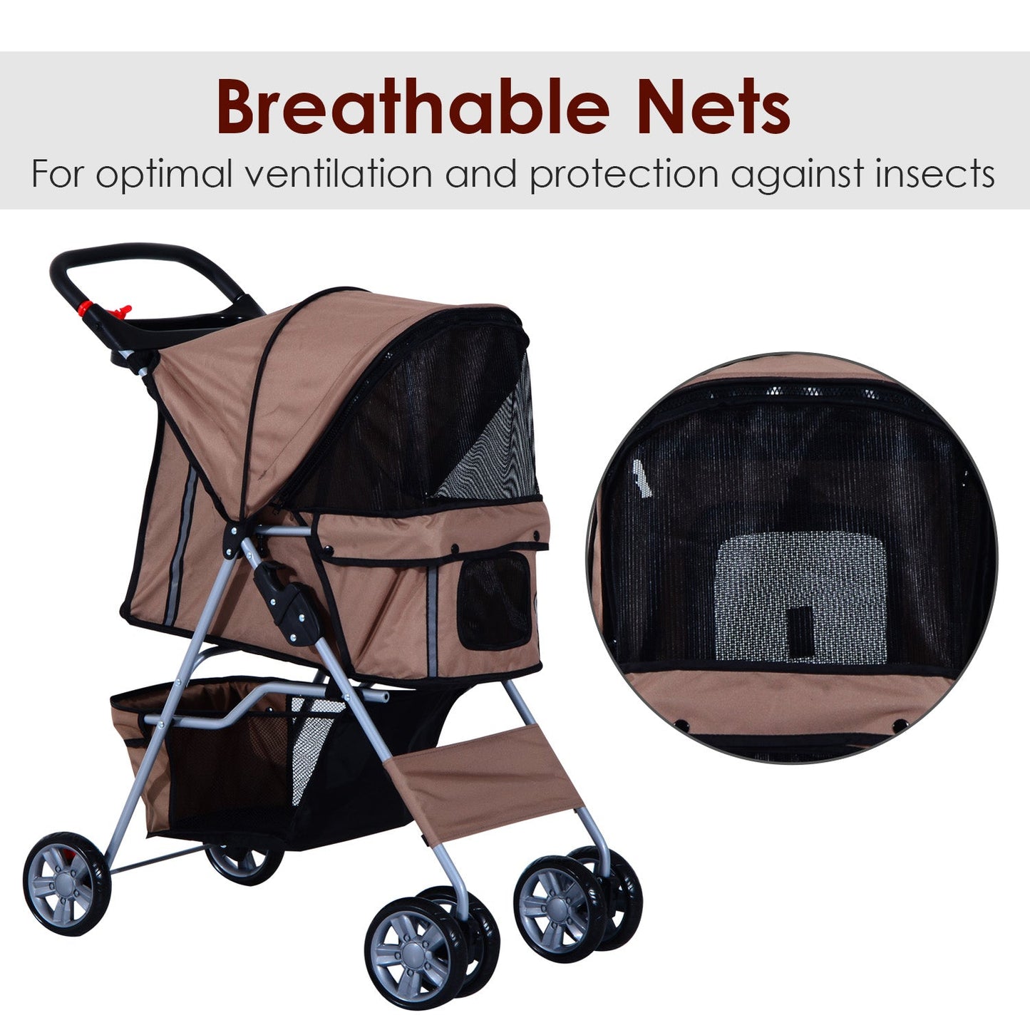 PawHut Oxford Cloth Foldable Dog Stroller Pushchair Pet Trolley w/ Zipper Entry-Brown/Silver