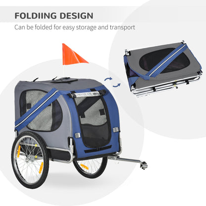 PawHut Folding Dog Bike Trailer Pet Cart Carrier for Bicycle Travel in Steel Frame with Hitch Coupler - Blue & Grey