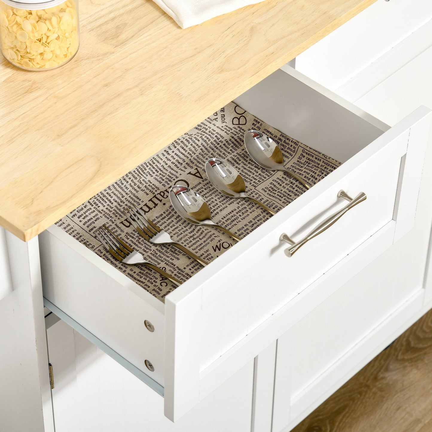 Modern Rolling Kitchen Island Storage Cart Utility Trolley with Rubberwood Top Two Drawers-White