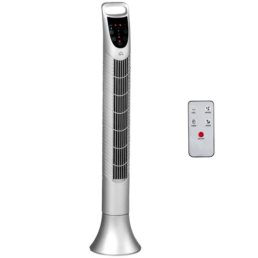 Oscillating Three Speed Tower Fan With Timer & Remote Control Silver