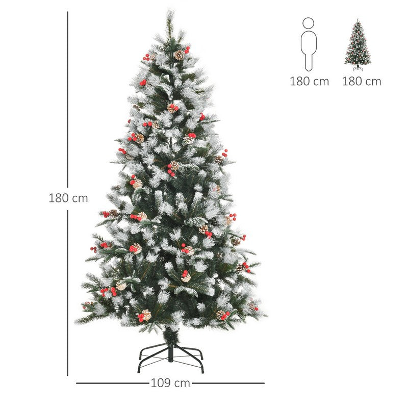 Homcom 6FT Artificial Snow Dipped Christmas Tree Xmas Pencil Tree with Foldable Feet Red Berries White Pinecones