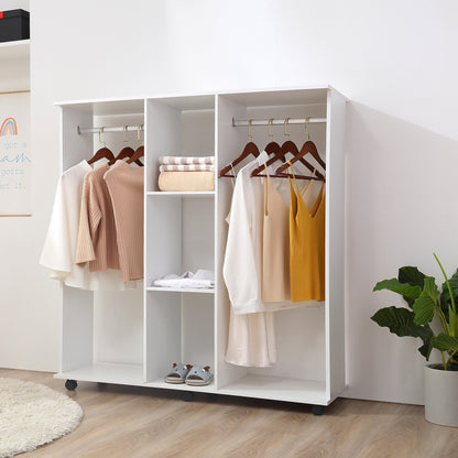 Open Wardrobe Double Mobile Storage Shelves Organizer W/6 Wheels-White