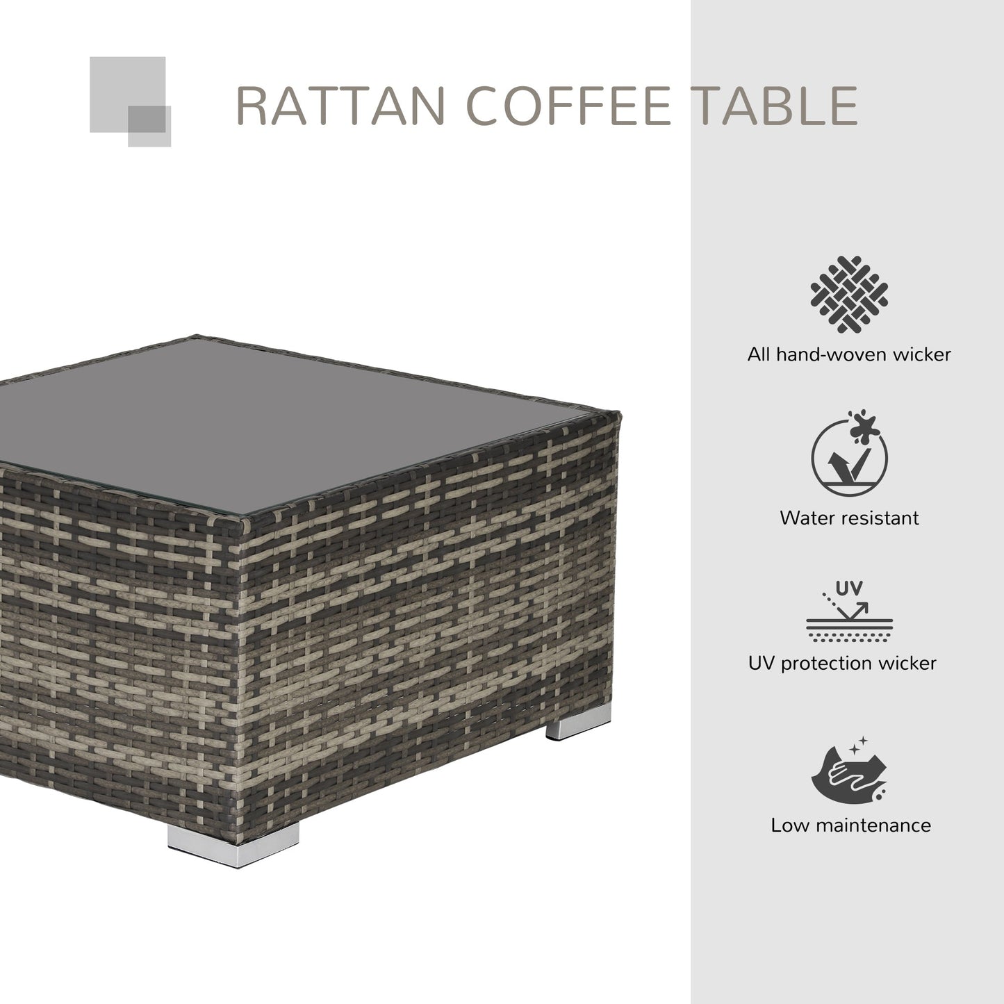 Square PE Wicker Rattan Table with Glass Top - Dark Grey