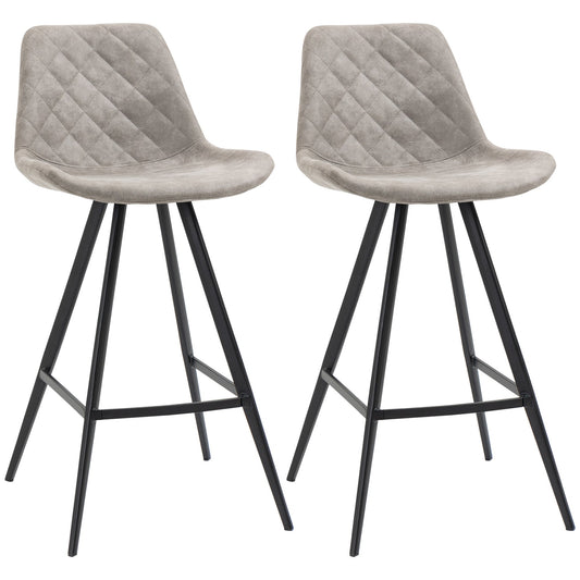 Set Of 2 Bar Stools Vintage Microfiber Cloth Tub Seat Padded Comfortable Steel Frame Footrest Quilted Home Bar Cafe Kitchen Chair Stylish Grey