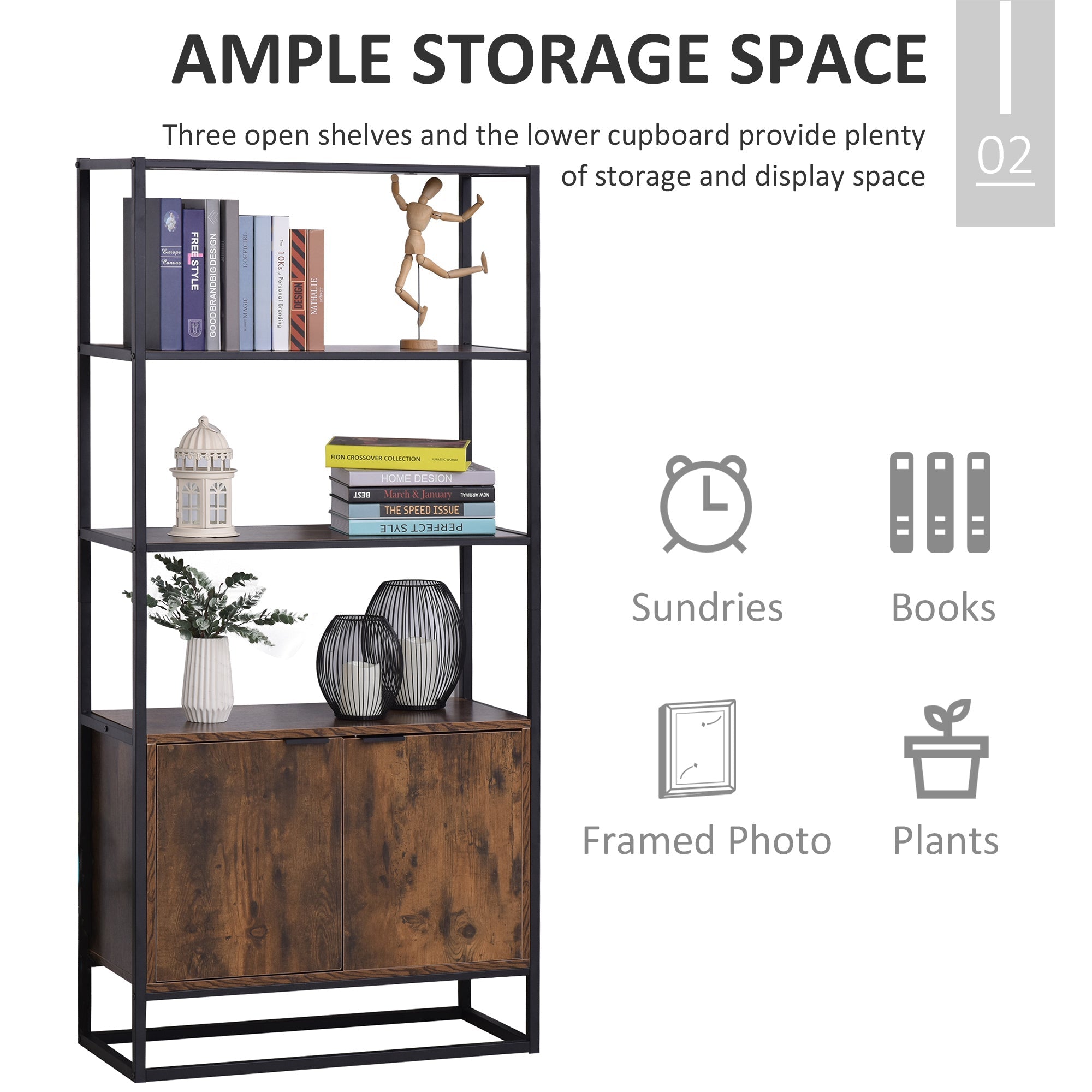 NEW Multipurpose Cabinet w/ 3 Open Shelves factory and Closed Compartments, Rustic Brown