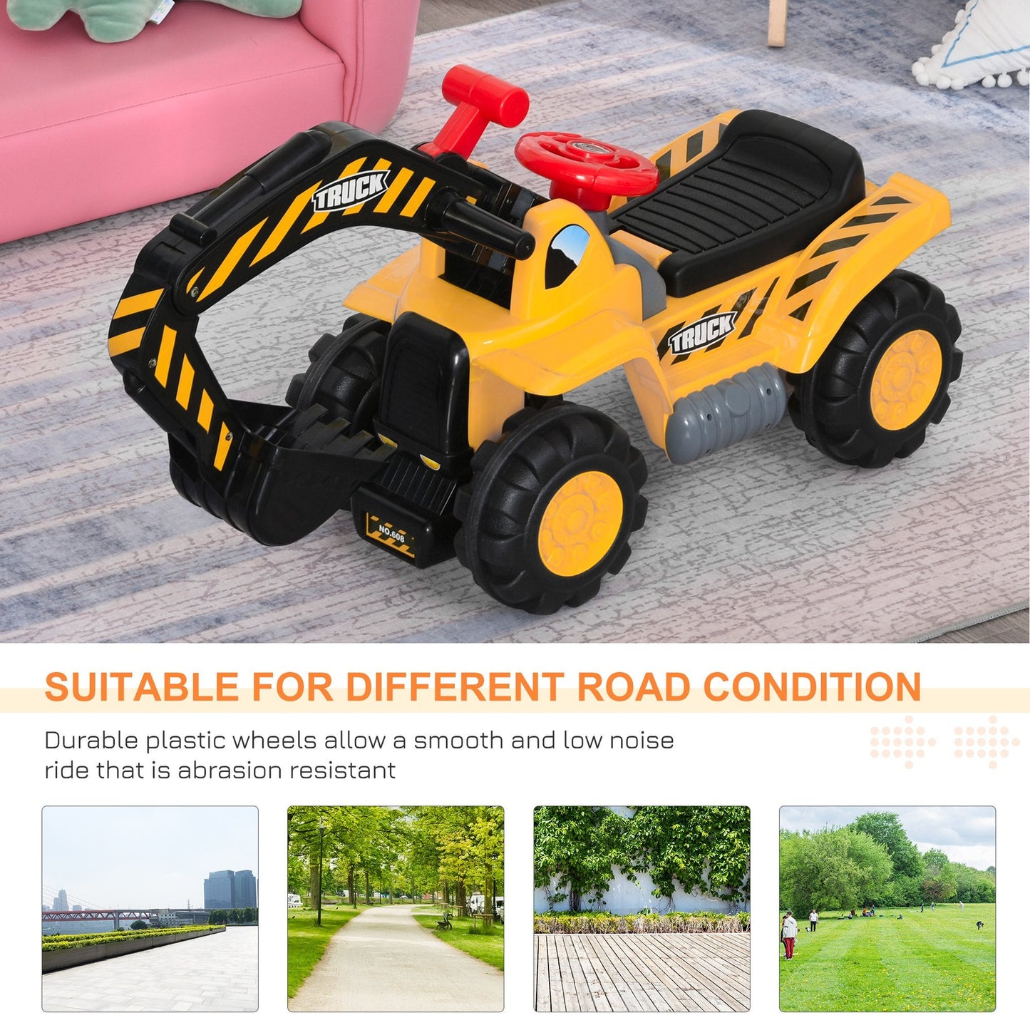 Kids Ride On Excavator Digger w/ Storage Basketball Net Steering NO POWER Wheel Vehicle Truck Toy