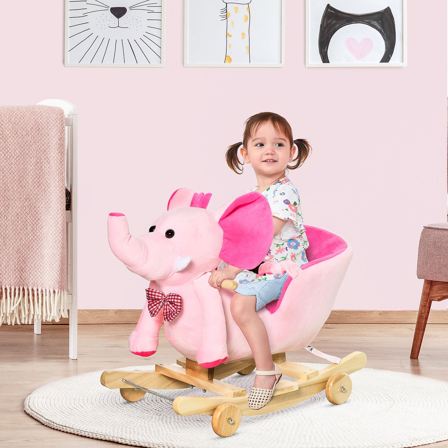 2 In 1 Plush Baby Ride on Rocking Horse Elephant Rocker with Wheels Wooden Toy for Kids 32 Songs Pink