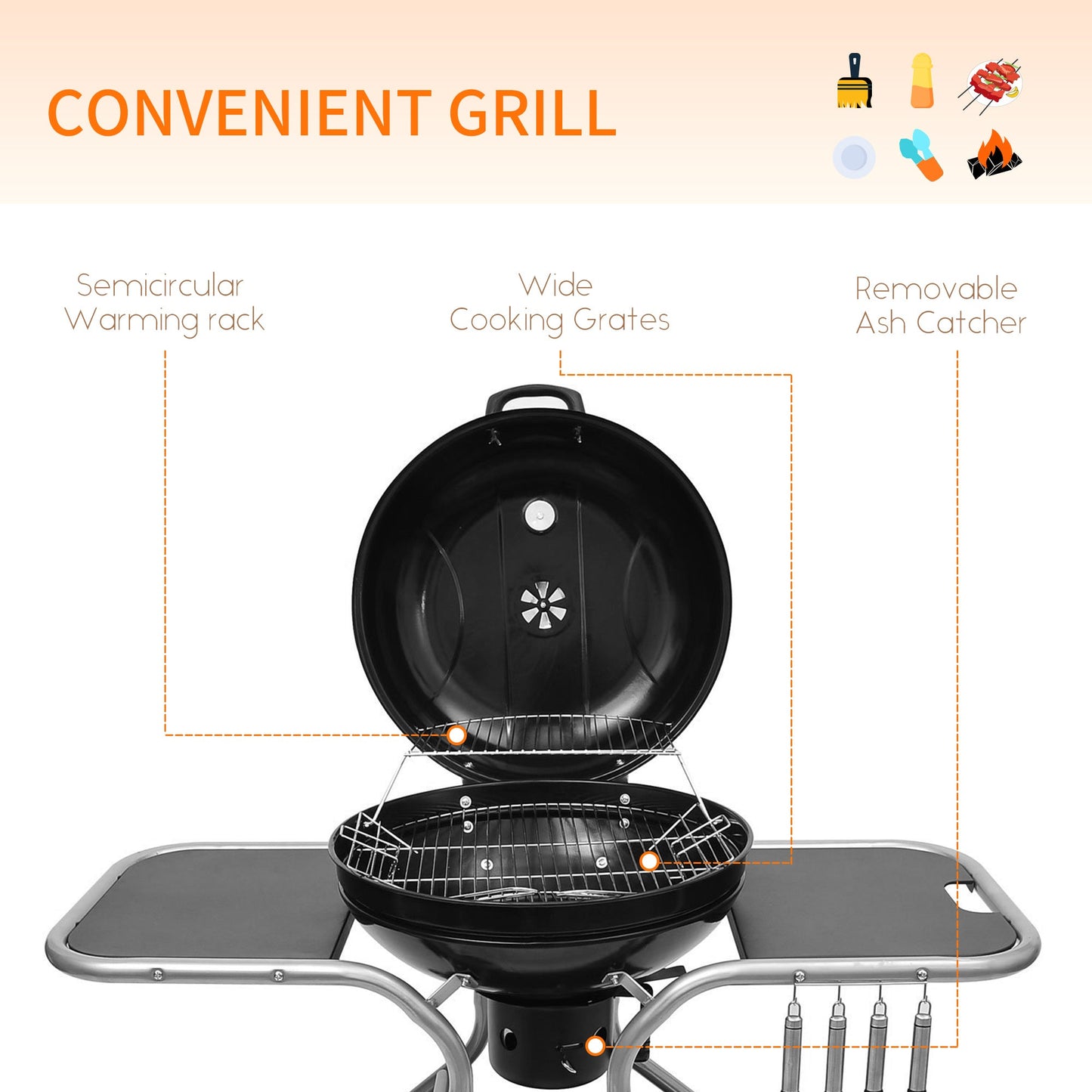 Portable Charcoal Kettle Grill Outdoor Barbecue Trolley BBQ Heat Smoker Grilling with Two wheels