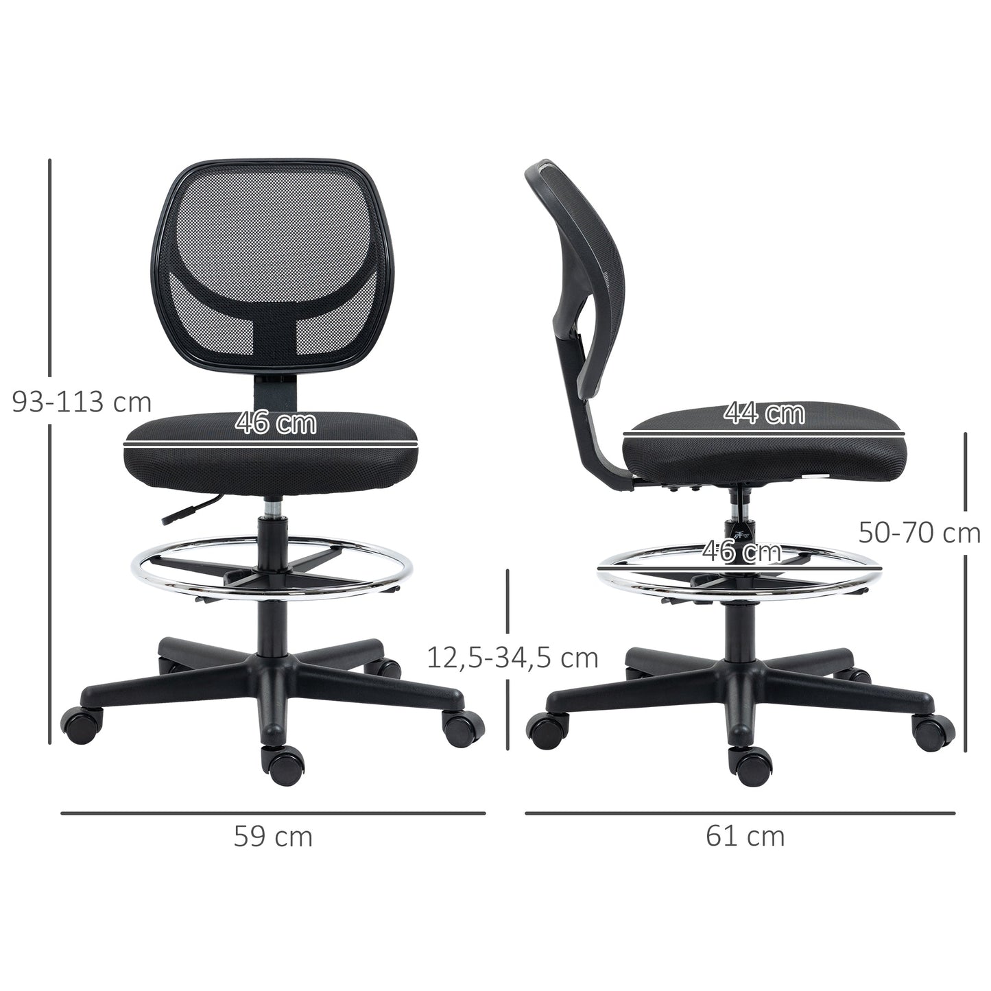 Vinsetto Ergonomic Mesh Standing Desk Chair with Adjustable Footrest Ring and Seat Height Black