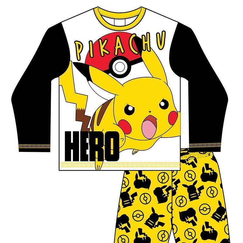 Boys Pokemon Pyjama Set Black White Yellow - Age 5-6