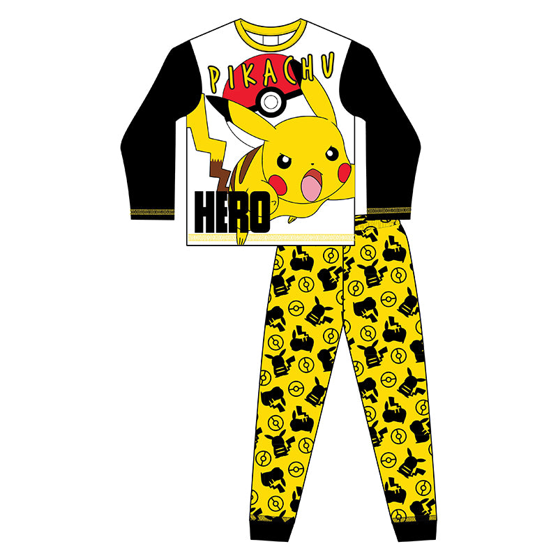 Boys Pokemon Pyjama Set Black White Yellow - Age 7-8