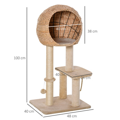 PawHut Cat Tree for Indoor Cats 100cm Kitten Climbing Tower Activity Center with Sisal Scratching Post Condo Perch Hanging Balls Teasing Rope Toy Cushion