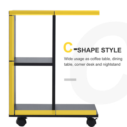 C-Shape End Table Unique Storage Unit w/ 2 Shelves 4 Wheels Freestanding Home Office Furniture Cabinet Square Studio Black