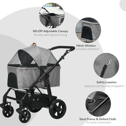 PawHut Dog Stroller Pushchair Detachable Pet Carrier Carrying Bag Foldable Trolley Shock absorbing System Adjustable Handlebar for Small Dogs Grey