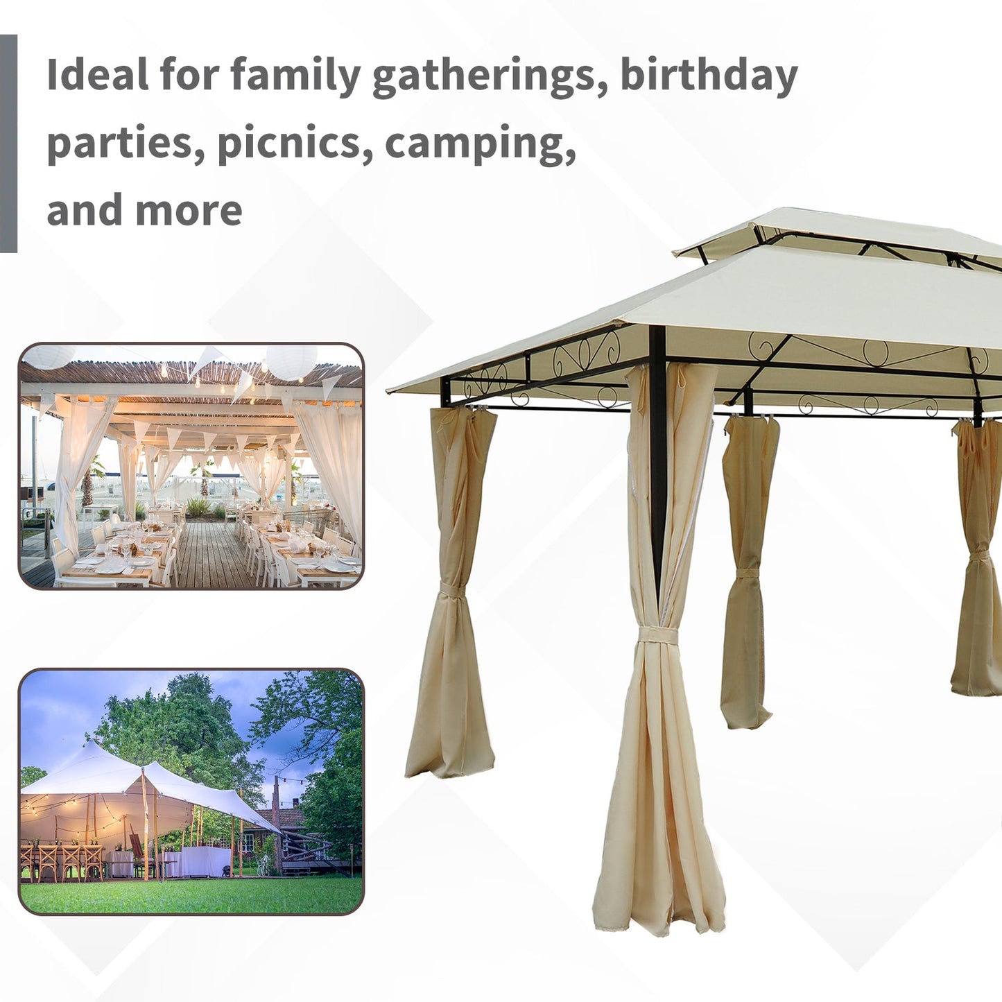 4m x 3M Metal Gazebo Canopy Party Tent Garden Pavillion Patio Shelter Pavilion with Curtains Sidewalls Beige