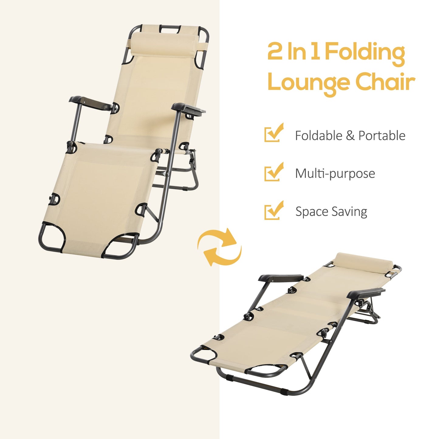 2 in 1 Sun Lounger Folding Reclining Chair Garden Outdoor Camping Adjustable Back with Pillow Beige