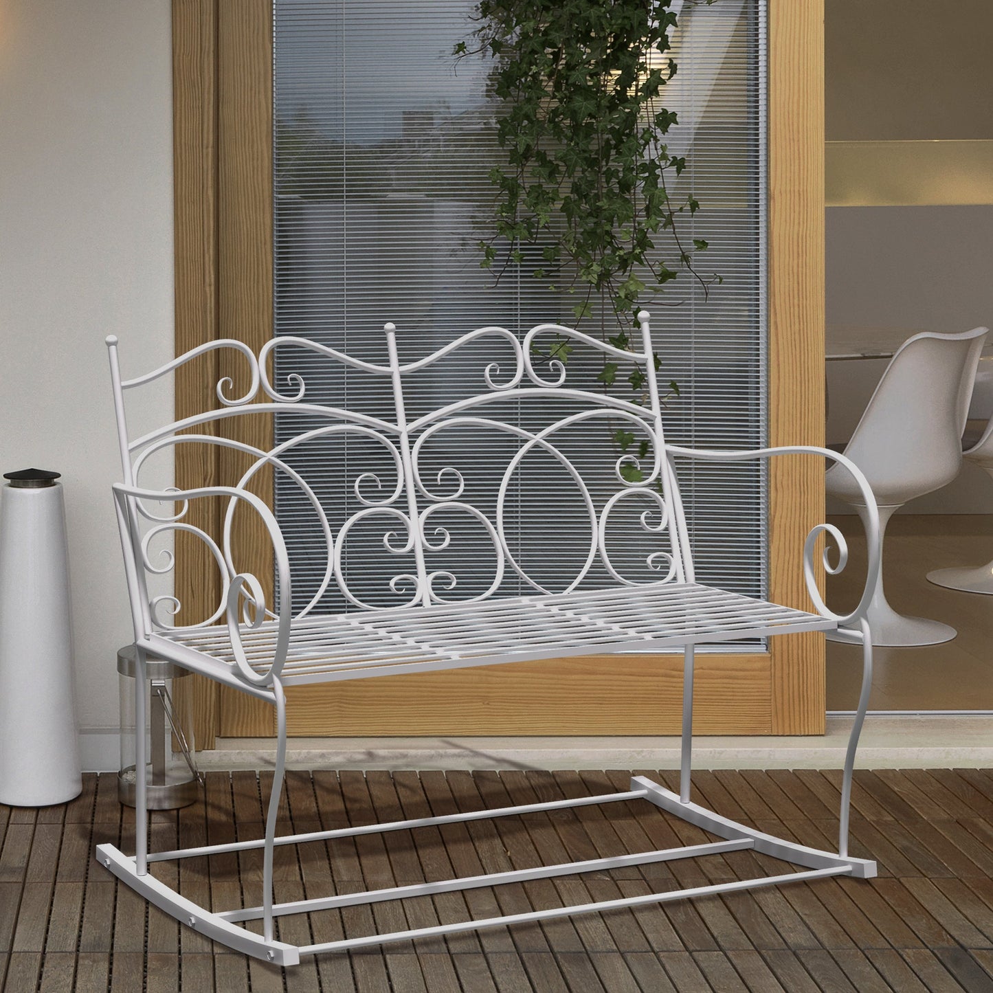 Patio 2 Seater Rocking Bench Steel Garden Outdoor Garden Loveseat Chair With Decorative Backrest White