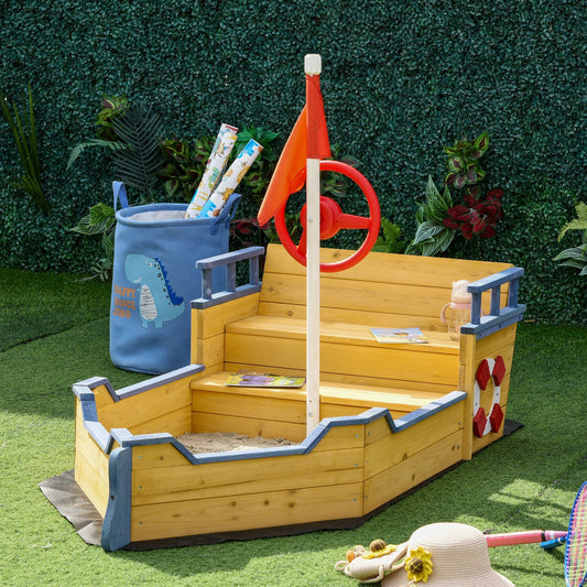 Kids Wooden Sandbox Pirate Ship Sandboat w/ Bench Seat Storage Space Cedar Wood