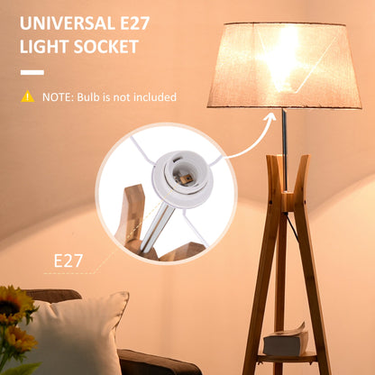 Homcom Natural Wood Tripod Floor Lamp Light E27 Base Bedroom Living Room Fabric Shade Storage Shelf Foot Switch