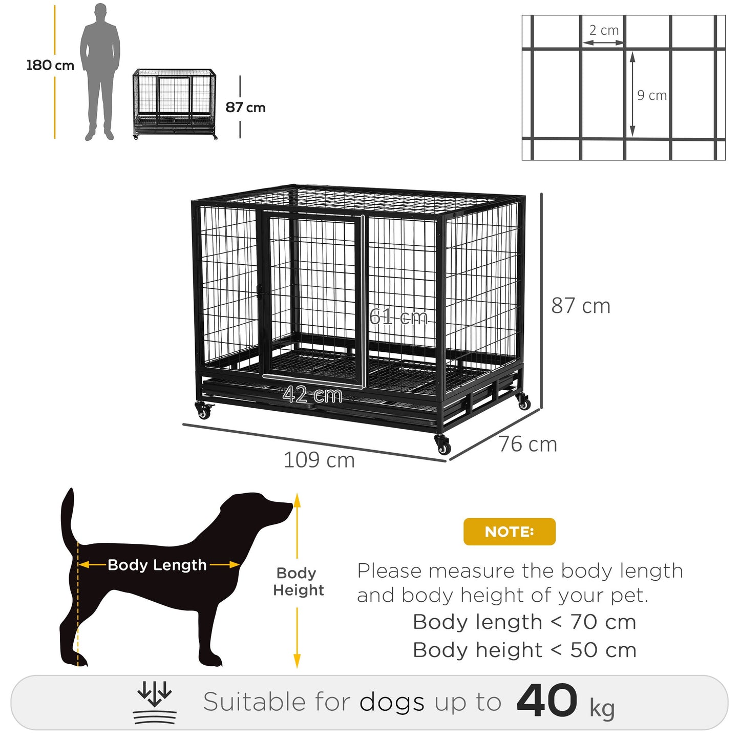 PawHut 43" Heavy Duty Metal Dog Crate Pet Cage with Tray Wheeled Dog Kennel - Black Large