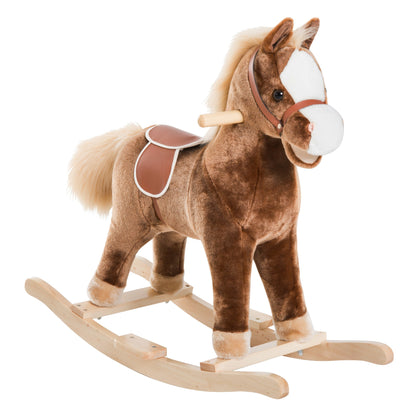 Kids Children Plush Rocking Horse Wooden Base Ride On Toy Rocker with Handle Grip Traditional Toy Fun Gift for Age 3+ Brown