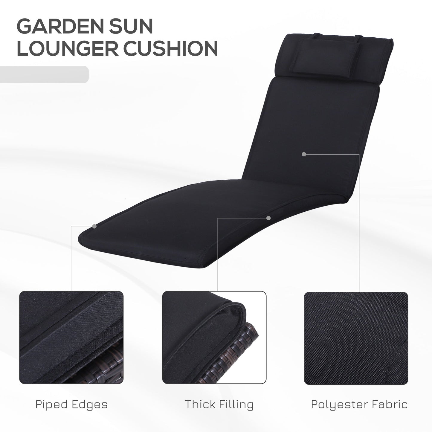 Garden Sun Lounger Cushion Replacement Thick Sunbed Reclining Chair Relaxer Pad with Pillow - Black