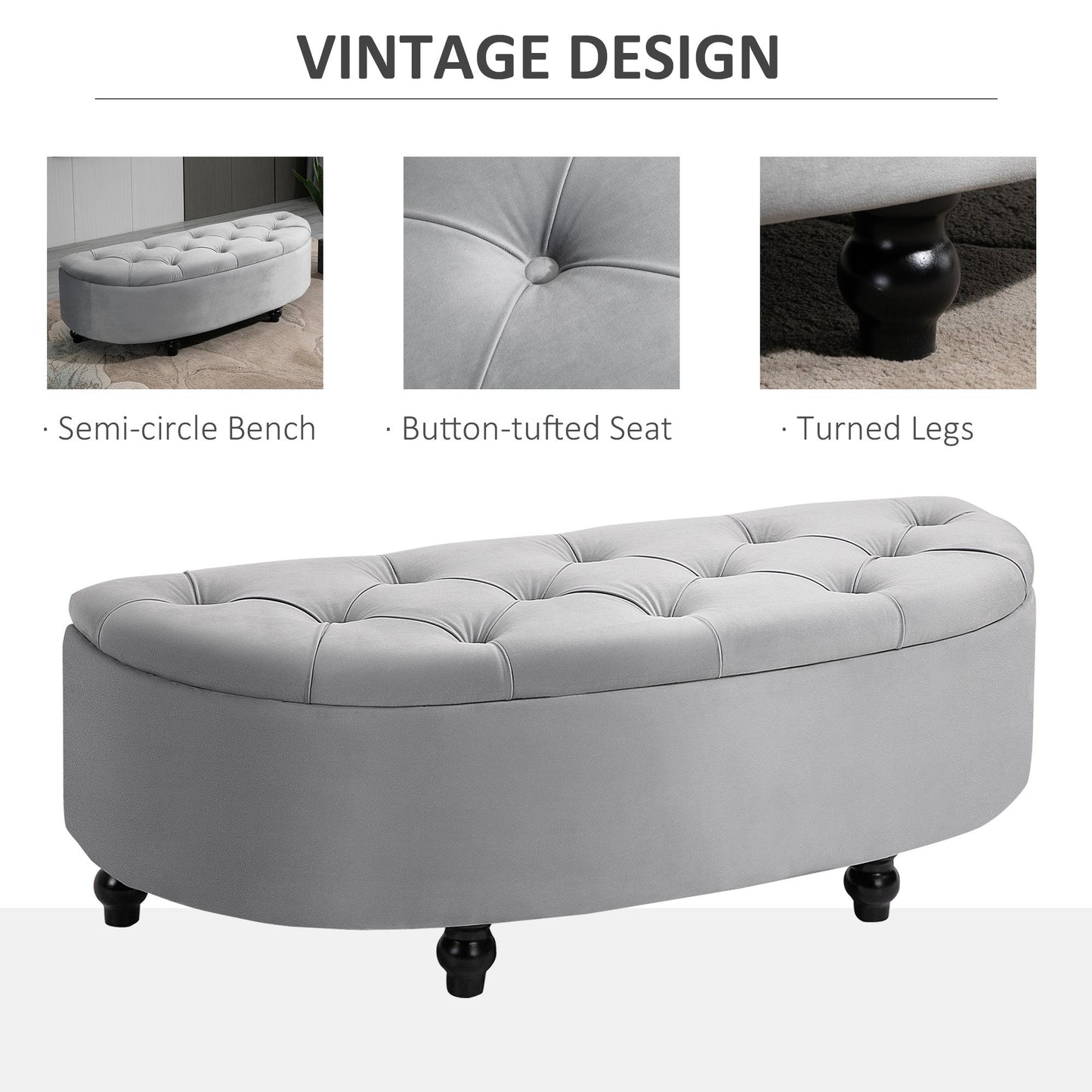 Semi-Circle Bed End Bench Ottoman with Storage Tufted Upholstered Accent Seat Footrest Stool with Rubberwood Legs for Bedroom & Entryway